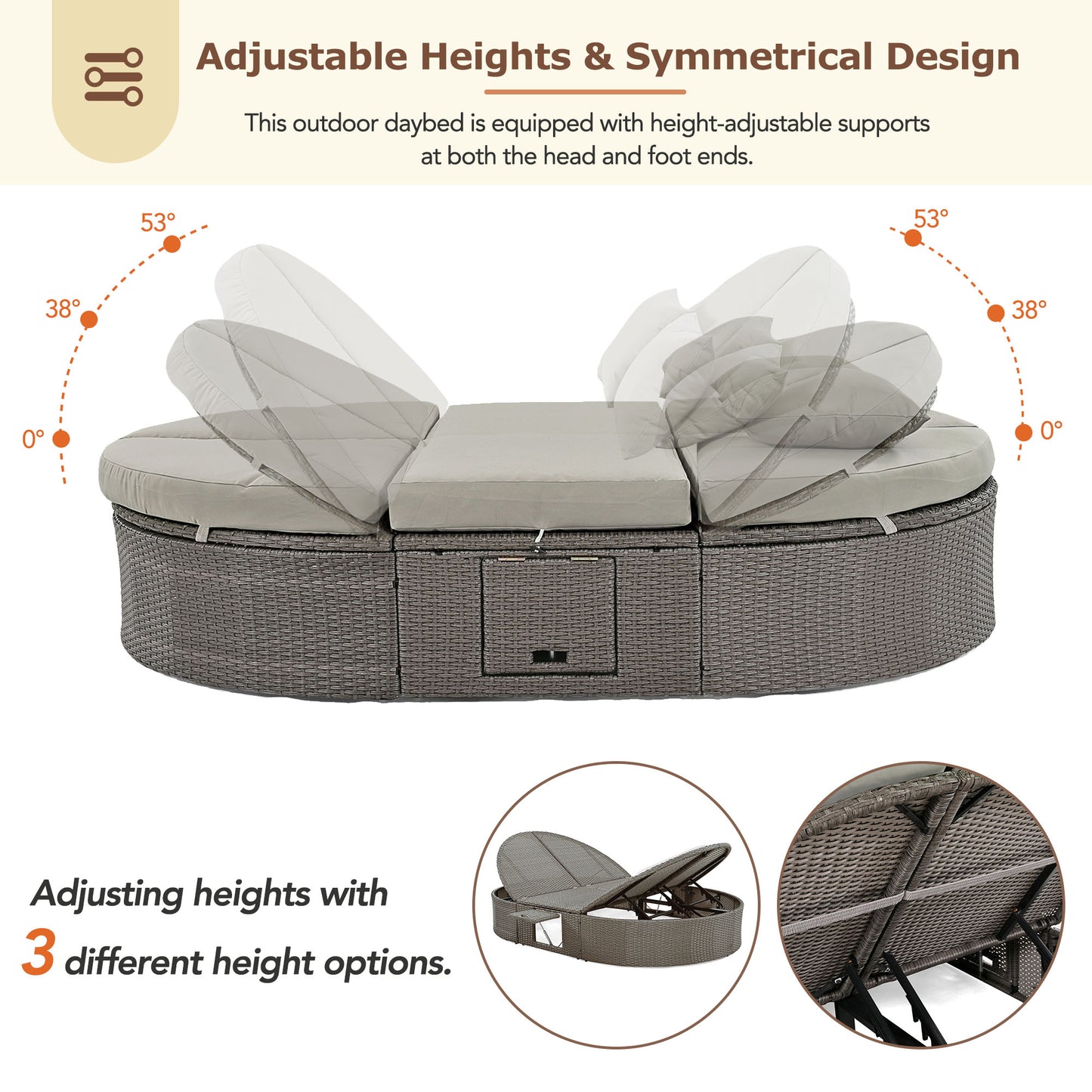 TOPMAX Outdoor Sun Bed Patio 2-Person Daybed with Cushions and Pillows, Rattan Garden Reclining Chaise Lounge with Adjustable Backrests and Foldable Cup Trays for Lawn,Poolside, Gray image 9