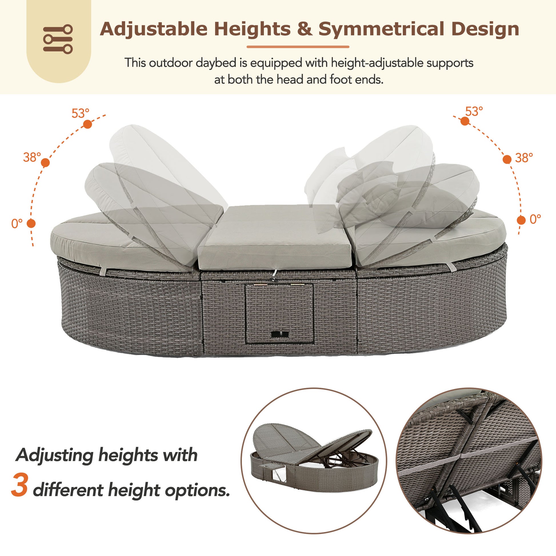 TOPMAX Outdoor Sun Bed Patio 2-Person Daybed with Cushions and Pillows, Rattan Garden Reclining Chaise Lounge with Adjustable Backrests and Foldable Cup Trays for Lawn,Poolside, Gray image 9