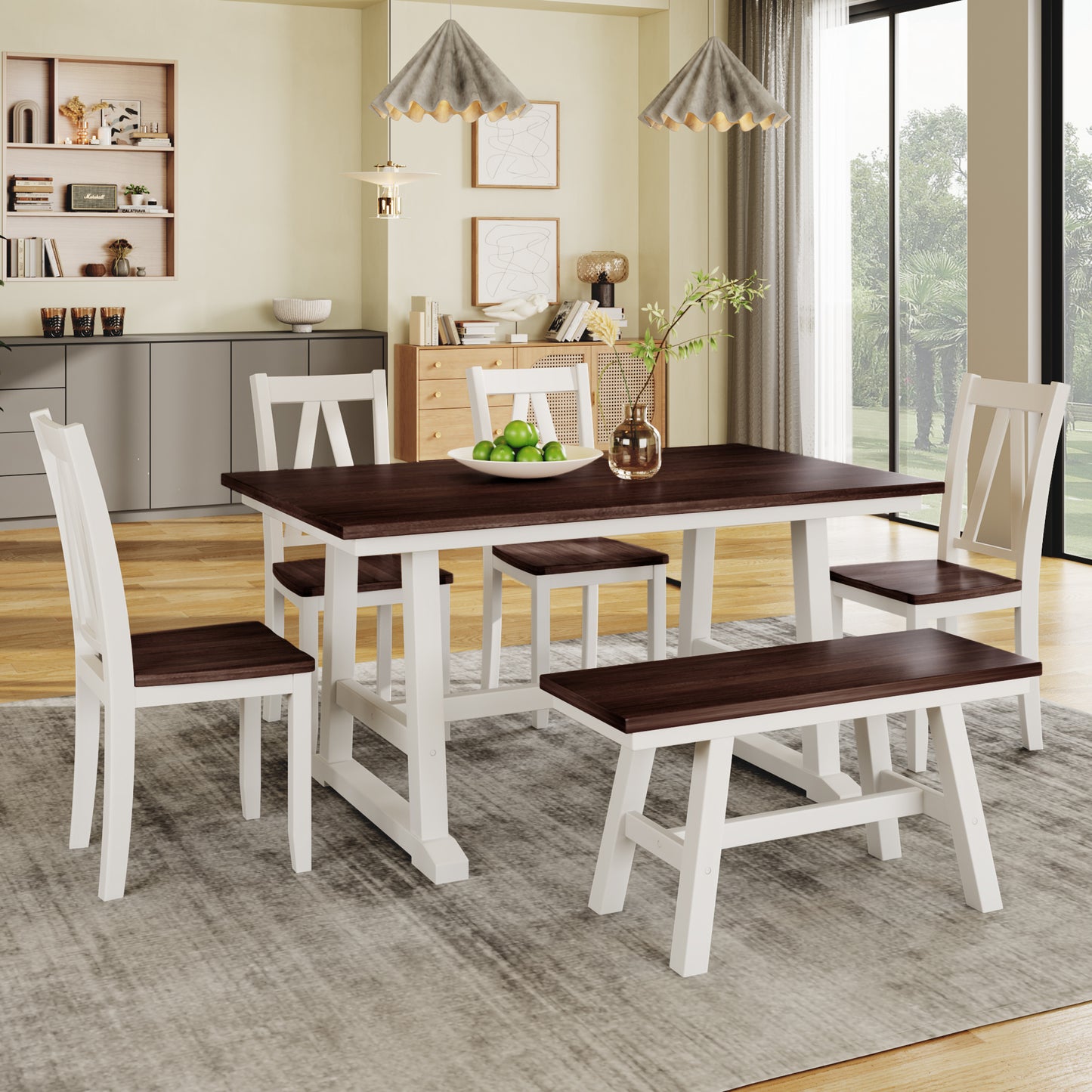 TOPMAX 6-Piece Wood Dining Table Set Kitchen Table Set with Long Bench and 4 Dining Chairs, Farmhouse Style, Espresso+White(old sku:SP000256) image 1