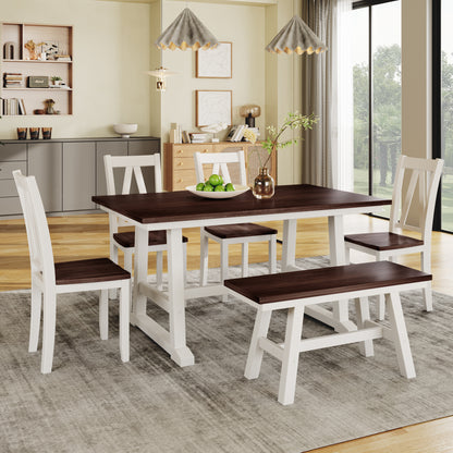 TOPMAX 6-Piece Wood Dining Table Set Kitchen Table Set with Long Bench and 4 Dining Chairs, Farmhouse Style, Espresso+White(old sku:SP000256) image 1