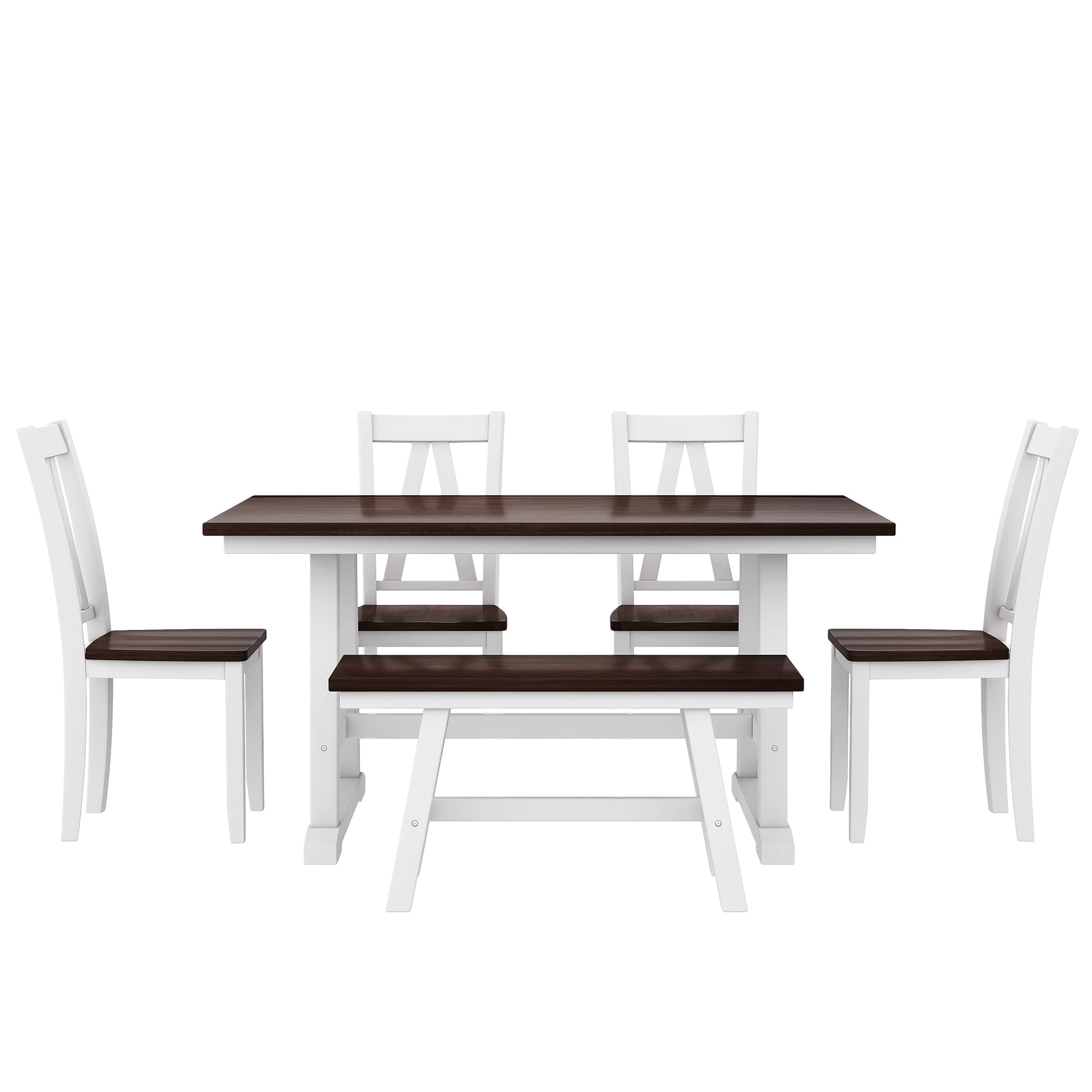 TOPMAX 6-Piece Wood Dining Table Set Kitchen Table Set with Long Bench and 4 Dining Chairs, Farmhouse Style, Espresso+White(old sku:SP000256) image 8