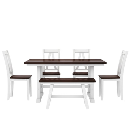TOPMAX 6-Piece Wood Dining Table Set Kitchen Table Set with Long Bench and 4 Dining Chairs, Farmhouse Style, Espresso+White(old sku:SP000256) image 8
