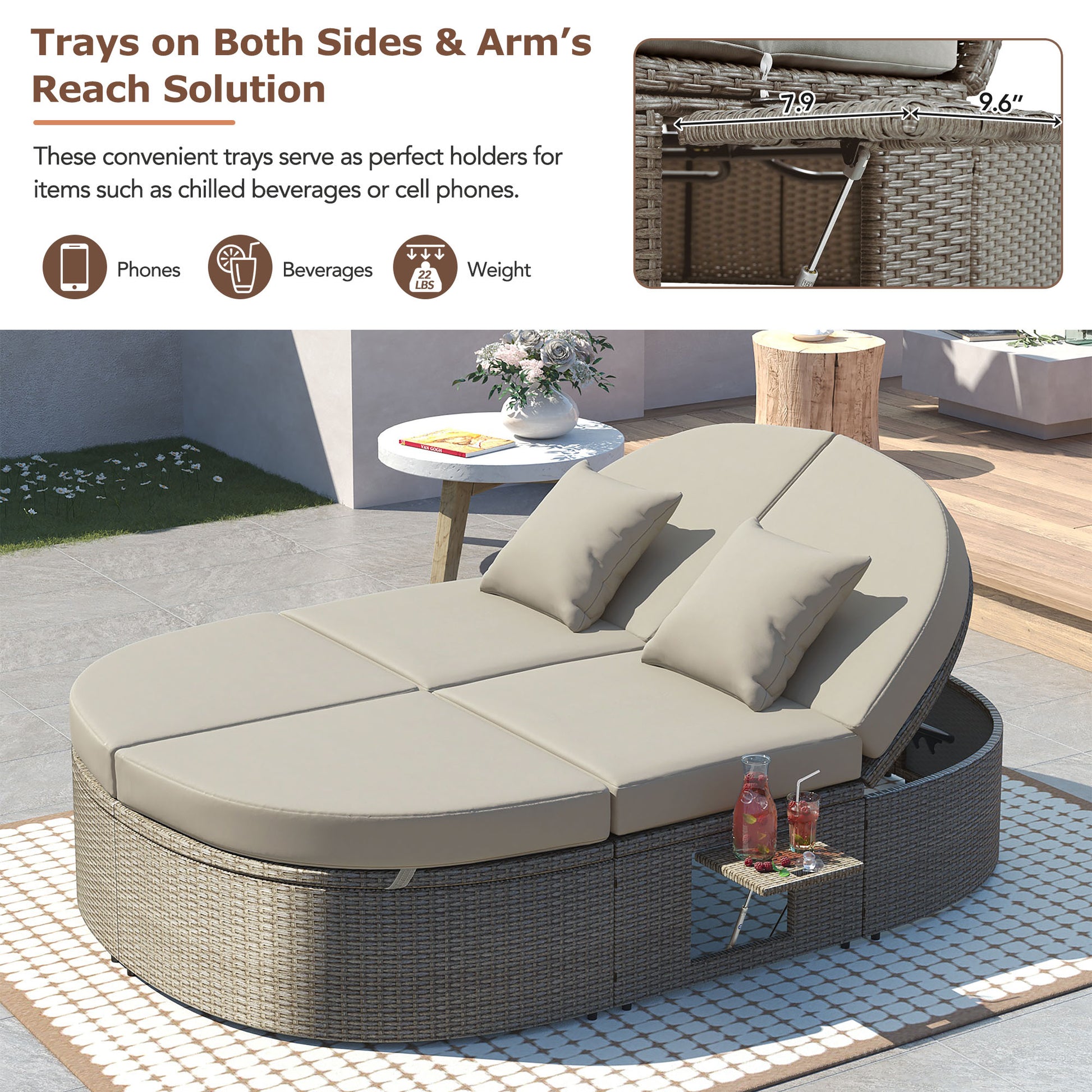 TOPMAX Outdoor Sun Bed Patio 2-Person Daybed with Cushions and Pillows, Rattan Garden Reclining Chaise Lounge with Adjustable Backrests and Foldable Cup Trays for Lawn,Poolside, Gray image 10