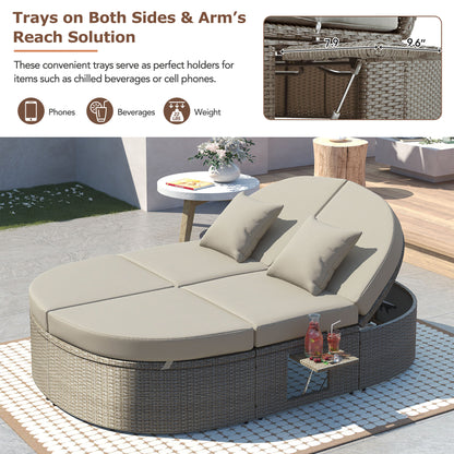TOPMAX Outdoor Sun Bed Patio 2-Person Daybed with Cushions and Pillows, Rattan Garden Reclining Chaise Lounge with Adjustable Backrests and Foldable Cup Trays for Lawn,Poolside, Gray image 10