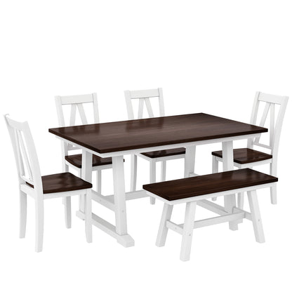 TOPMAX 6-Piece Wood Dining Table Set Kitchen Table Set with Long Bench and 4 Dining Chairs, Farmhouse Style, Espresso+White(old sku:SP000256) image 9