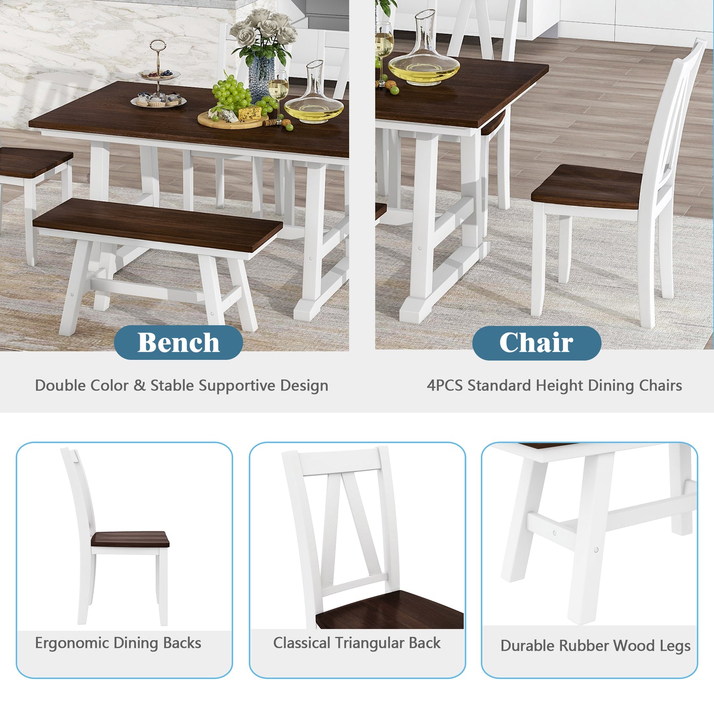 TOPMAX 6-Piece Wood Dining Table Set Kitchen Table Set with Long Bench and 4 Dining Chairs, Farmhouse Style, Espresso+White(old sku:SP000256) image 4