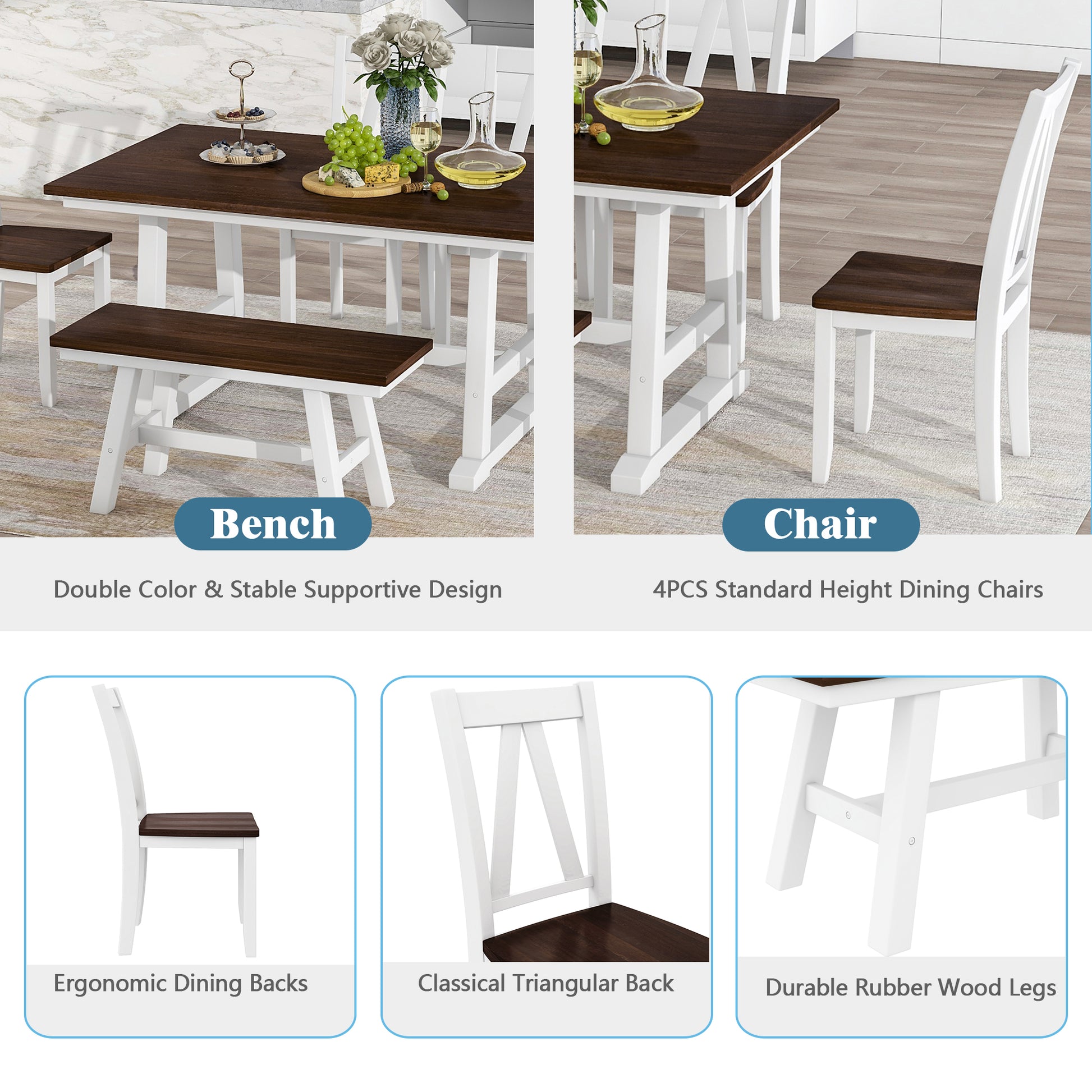 TOPMAX 6-Piece Wood Dining Table Set Kitchen Table Set with Long Bench and 4 Dining Chairs, Farmhouse Style, Espresso+White(old sku:SP000256) image 4