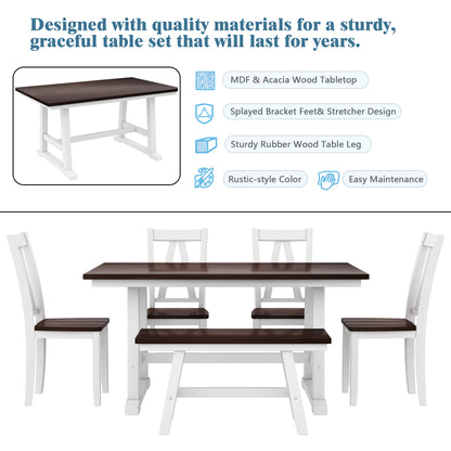 TOPMAX 6-Piece Wood Dining Table Set Kitchen Table Set with Long Bench and 4 Dining Chairs, Farmhouse Style, Espresso+White(old sku:SP000256) image 3