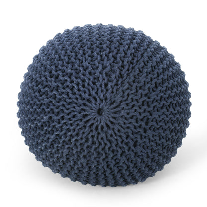 Bordeaux Knitted Cotton Round Pouf, Navy Blue image 6