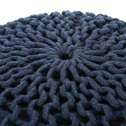 Bordeaux Knitted Cotton Round Pouf, Navy Blue image 4