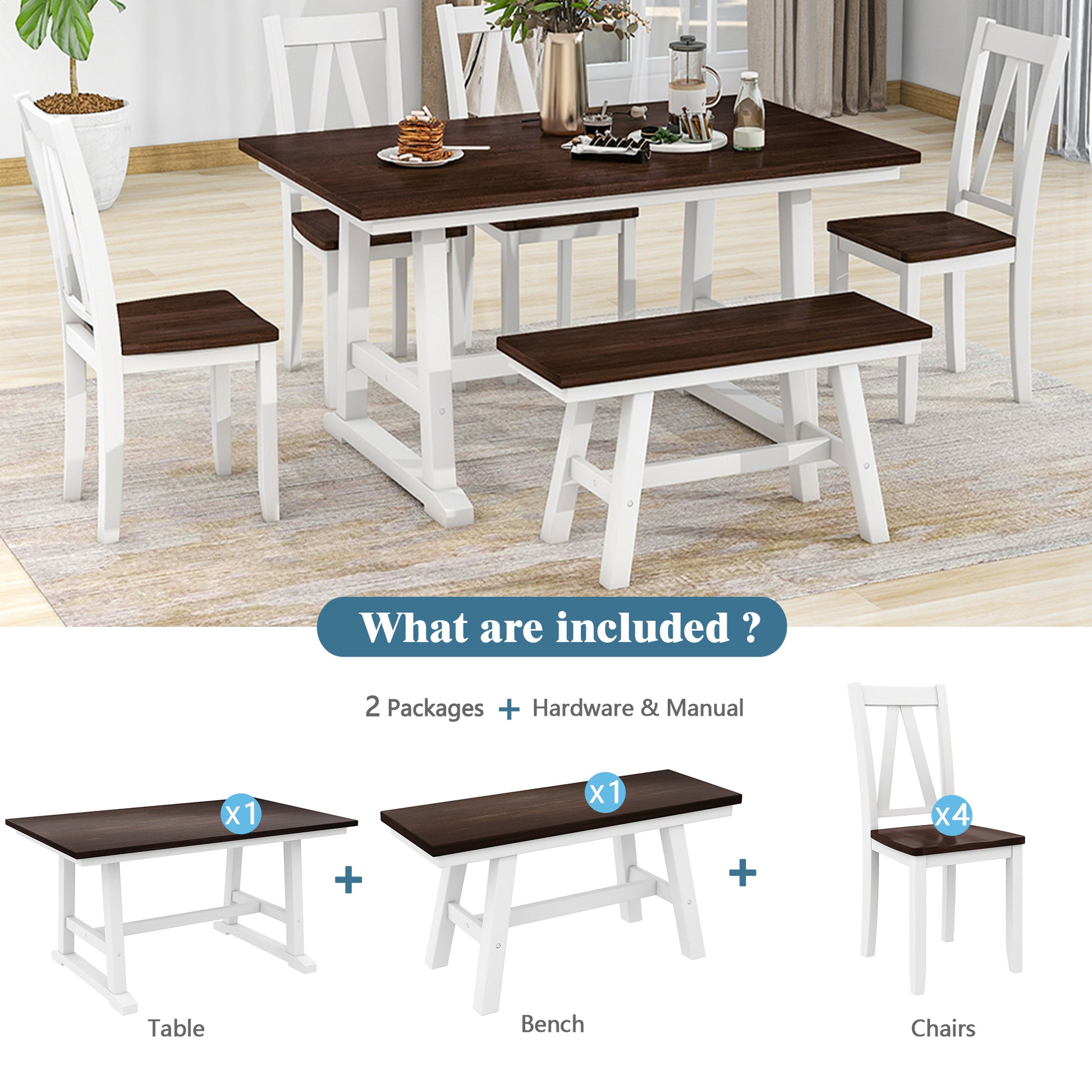 TOPMAX 6-Piece Wood Dining Table Set Kitchen Table Set with Long Bench and 4 Dining Chairs, Farmhouse Style, Espresso+White(old sku:SP000256) image 5
