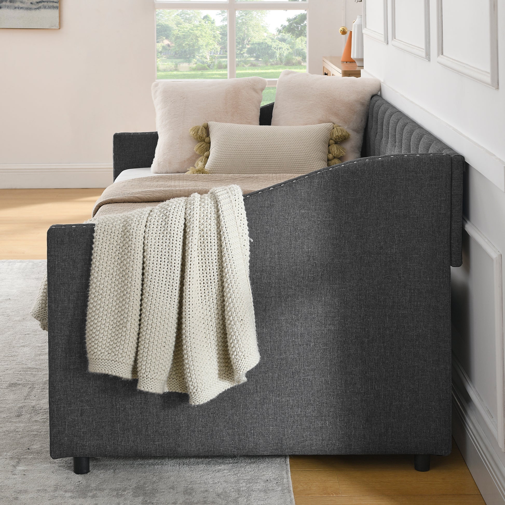 Twin Size Daybed with Drawers Upholstered Tufted Sofa Bed, with Button on Back and Copper Nail on Waved Shape Arms(81.5''x4''x30.5'') image 12