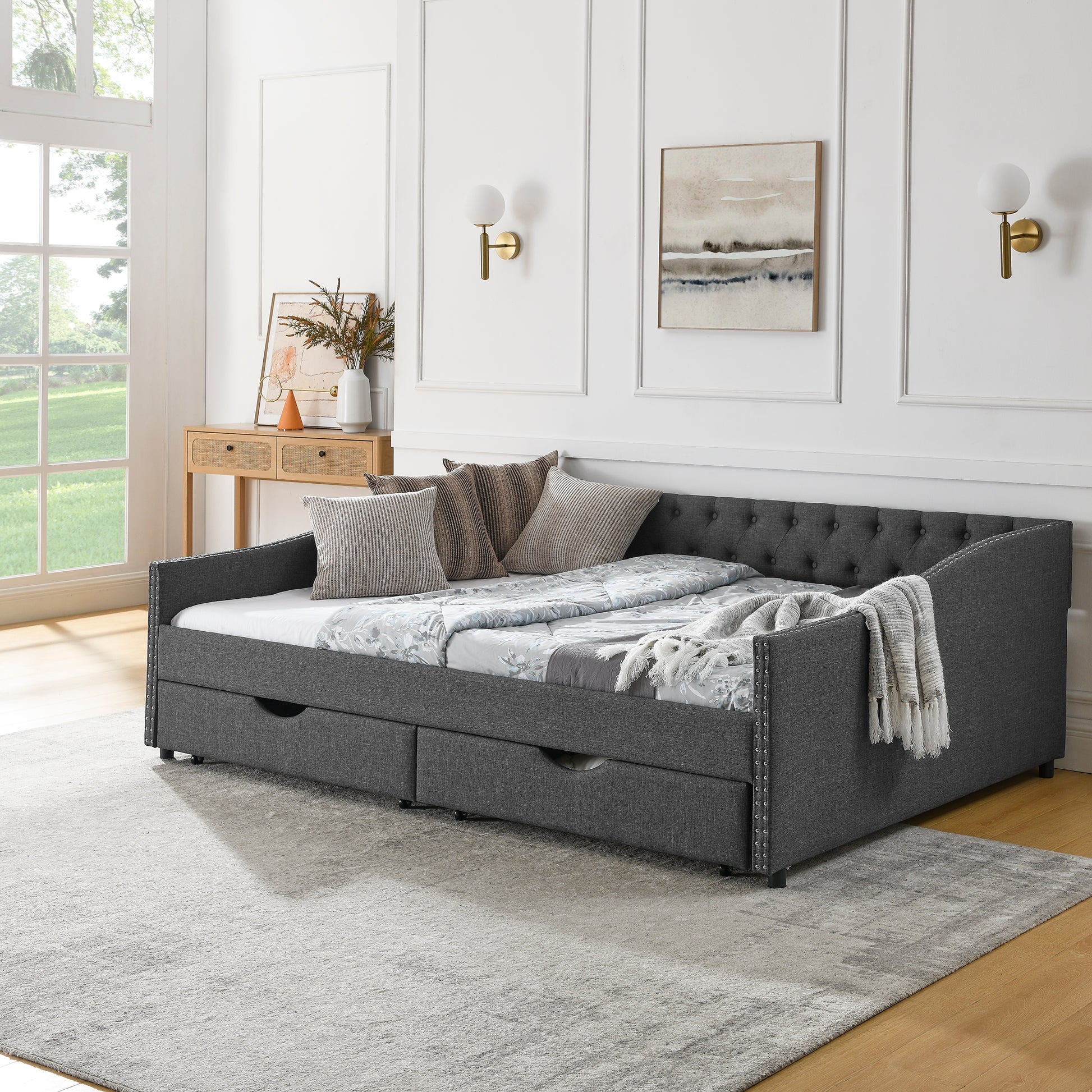 Queen Size Daybed with Drawers Upholstered Tufted Sofa Bed,with Button on Back and Copper Nail on Waved Shape Arms(84.5"x63.5"x26.5") (OLD SKU: W1413S00034) image 3