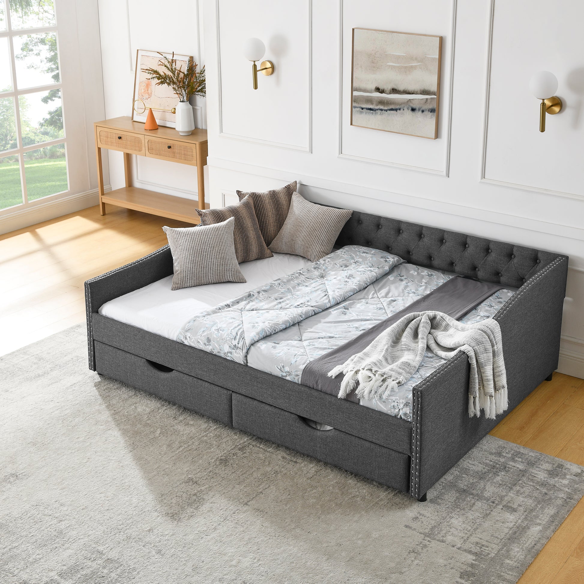Queen Size Daybed with Drawers Upholstered Tufted Sofa Bed,with Button on Back and Copper Nail on Waved Shape Arms(84.5"x63.5"x26.5") (OLD SKU: W1413S00034) image 4