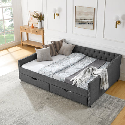 Queen Size Daybed with Drawers Upholstered Tufted Sofa Bed,with Button on Back and Copper Nail on Waved Shape Arms(84.5"x63.5"x26.5") (OLD SKU: W1413S00034) image 4