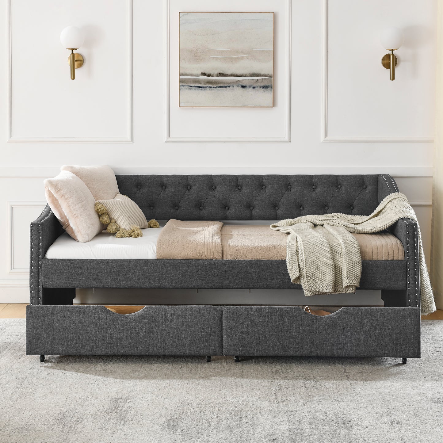 Twin Size Daybed with Drawers Upholstered Tufted Sofa Bed, with Button on Back and Copper Nail on Waved Shape Arms(81.5''x4''x30.5'') image 3