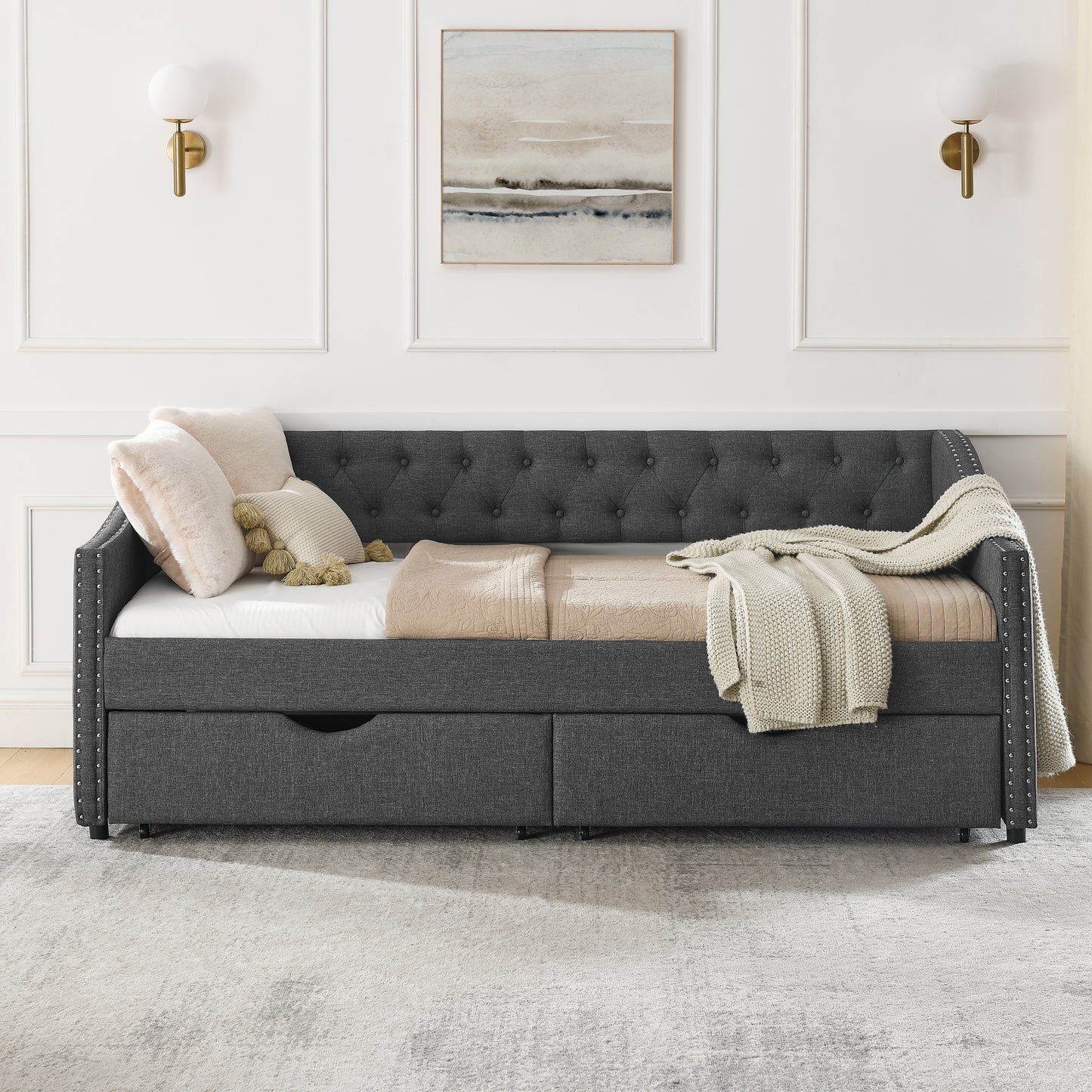 Twin Size Daybed with Drawers Upholstered Tufted Sofa Bed, with Button on Back and Copper Nail on Waved Shape Arms(81.5''x4''x30.5'') image 7