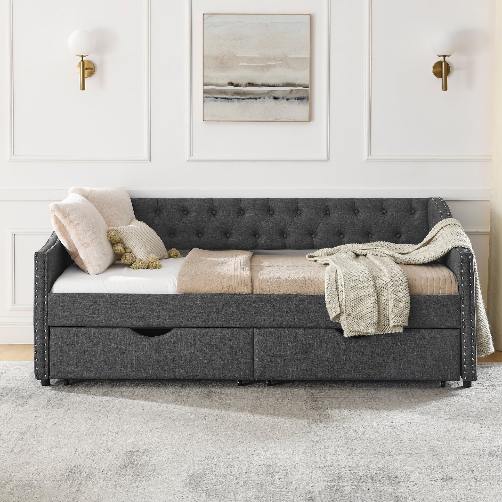 Twin Size Daybed with Drawers Upholstered Tufted Sofa Bed, with Button on Back and Copper Nail on Waved Shape Arms(81.5''x4''x30.5'') image 7