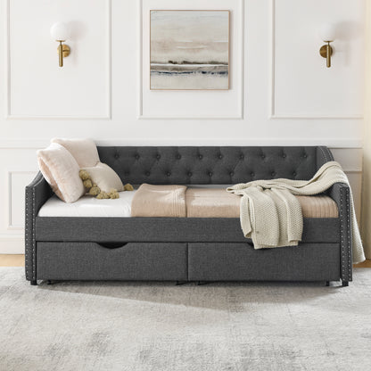 Twin Size Daybed with Drawers Upholstered Tufted Sofa Bed, with Button on Back and Copper Nail on Waved Shape Arms(81.5''x4''x30.5'') image 7