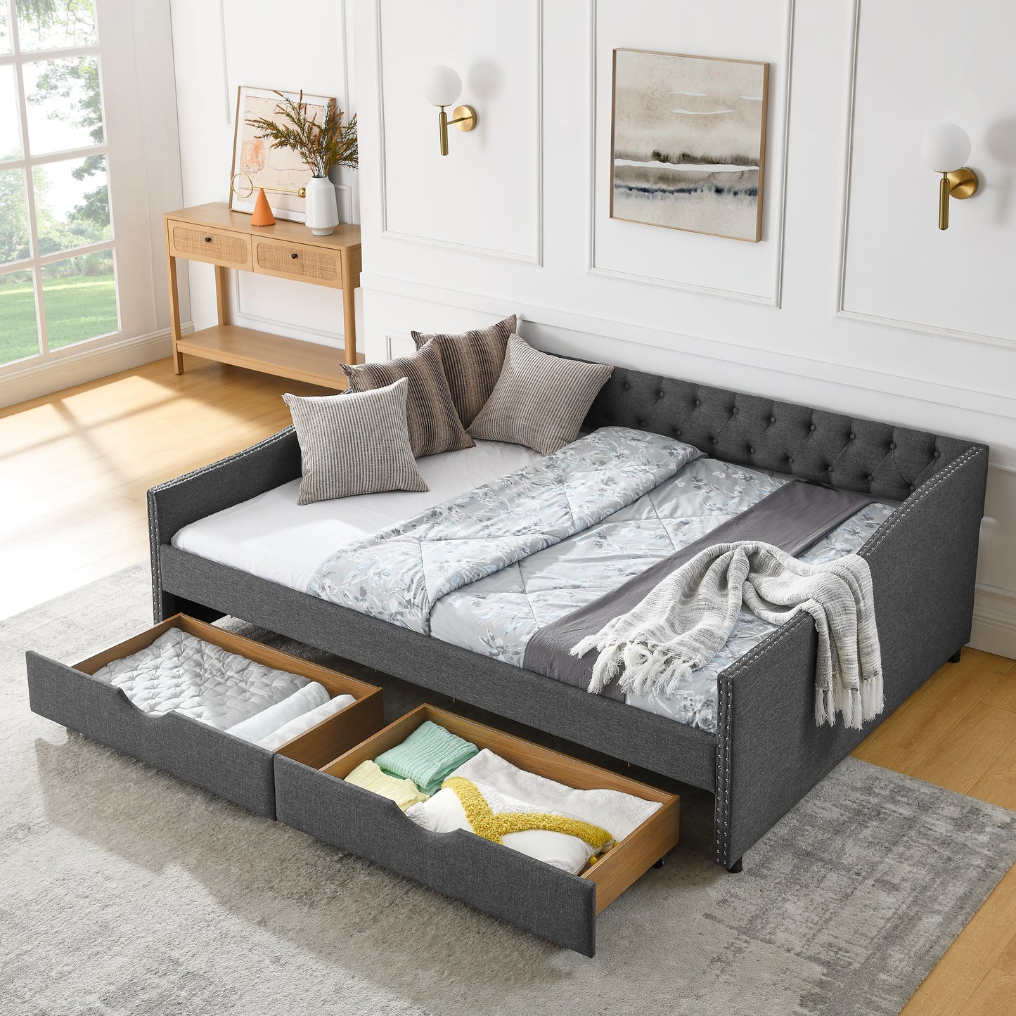 Queen Size Daybed with Drawers Upholstered Tufted Sofa Bed,with Button on Back and Copper Nail on Waved Shape Arms(84.5"x63.5"x26.5") (OLD SKU: W1413S00034) image 2