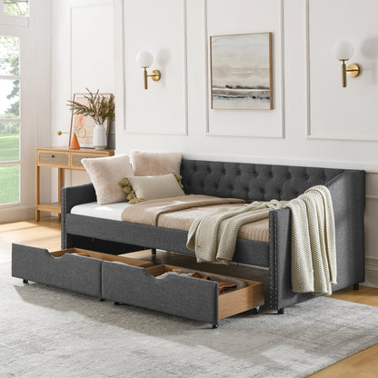 Twin Size Daybed with Drawers Upholstered Tufted Sofa Bed, with Button on Back and Copper Nail on Waved Shape Arms(81.5''x4''x30.5'') image 1