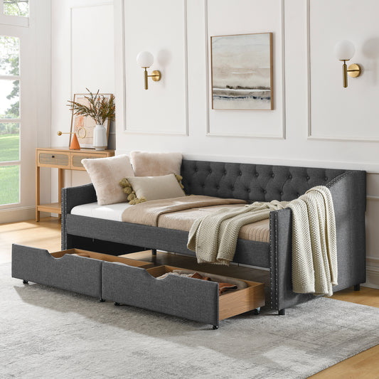 Twin Size Daybed with Drawers Upholstered Tufted Sofa Bed, with Button on Back and Copper Nail on Waved Shape Arms(81.5''x4''x30.5'') image 1