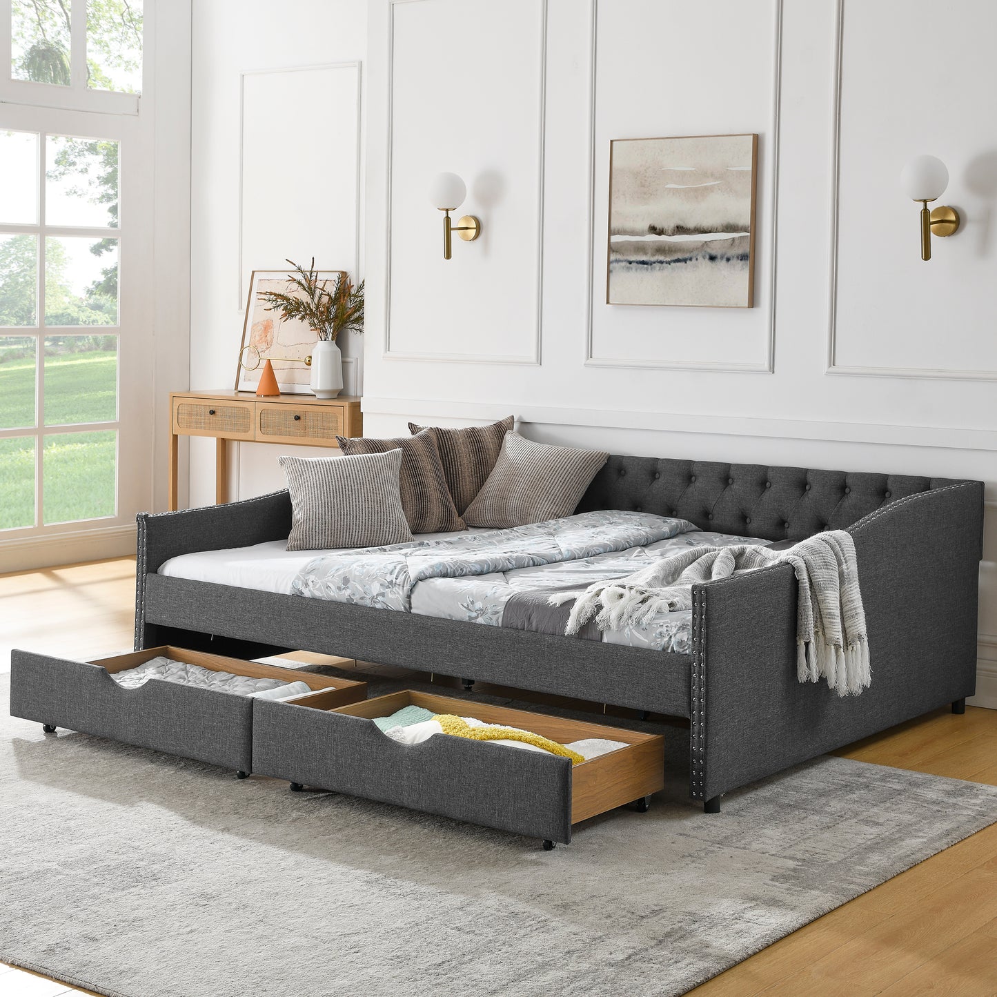 Queen Size Daybed with Drawers Upholstered Tufted Sofa Bed,with Button on Back and Copper Nail on Waved Shape Arms(84.5"x63.5"x26.5") (OLD SKU: W1413S00034) image 1
