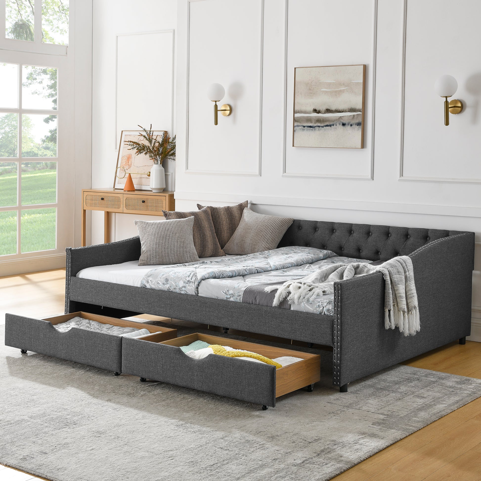 Queen Size Daybed with Drawers Upholstered Tufted Sofa Bed,with Button on Back and Copper Nail on Waved Shape Arms(84.5"x63.5"x26.5") (OLD SKU: W1413S00034) image 1