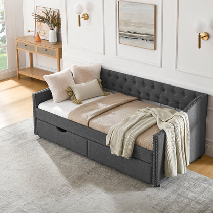 Twin Size Daybed with Drawers Upholstered Tufted Sofa Bed, with Button on Back and Copper Nail on Waved Shape Arms(81.5''x4''x30.5'') image 5