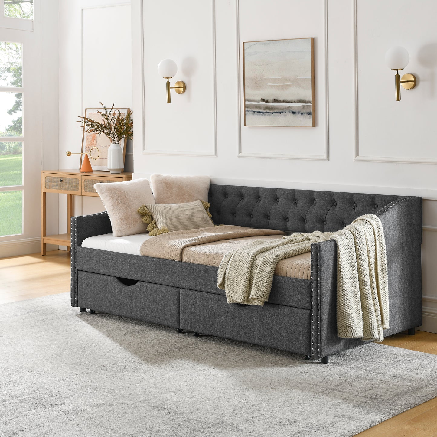 Twin Size Daybed with Drawers Upholstered Tufted Sofa Bed, with Button on Back and Copper Nail on Waved Shape Arms(81.5''x4''x30.5'') image 4