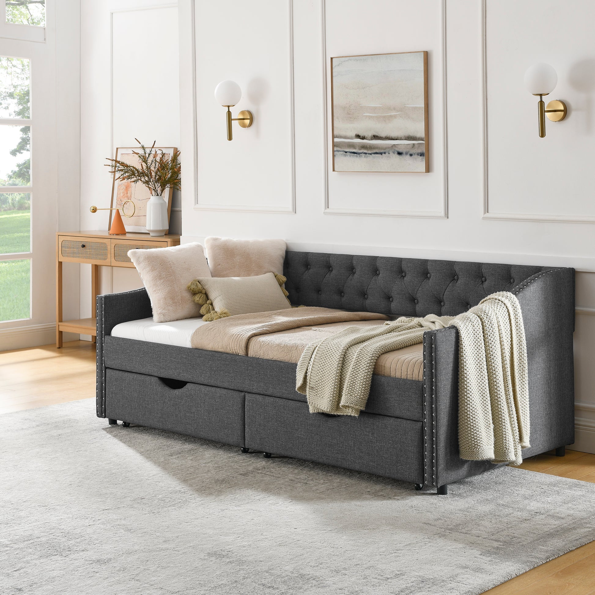 Twin Size Daybed with Drawers Upholstered Tufted Sofa Bed, with Button on Back and Copper Nail on Waved Shape Arms(81.5''x4''x30.5'') image 4