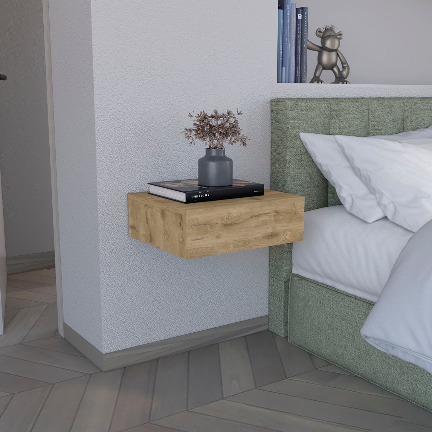 Floating Nightstand 5"H, Modern Wall-Mounted Bedside Shelf with Drawer, Macadamia image 1