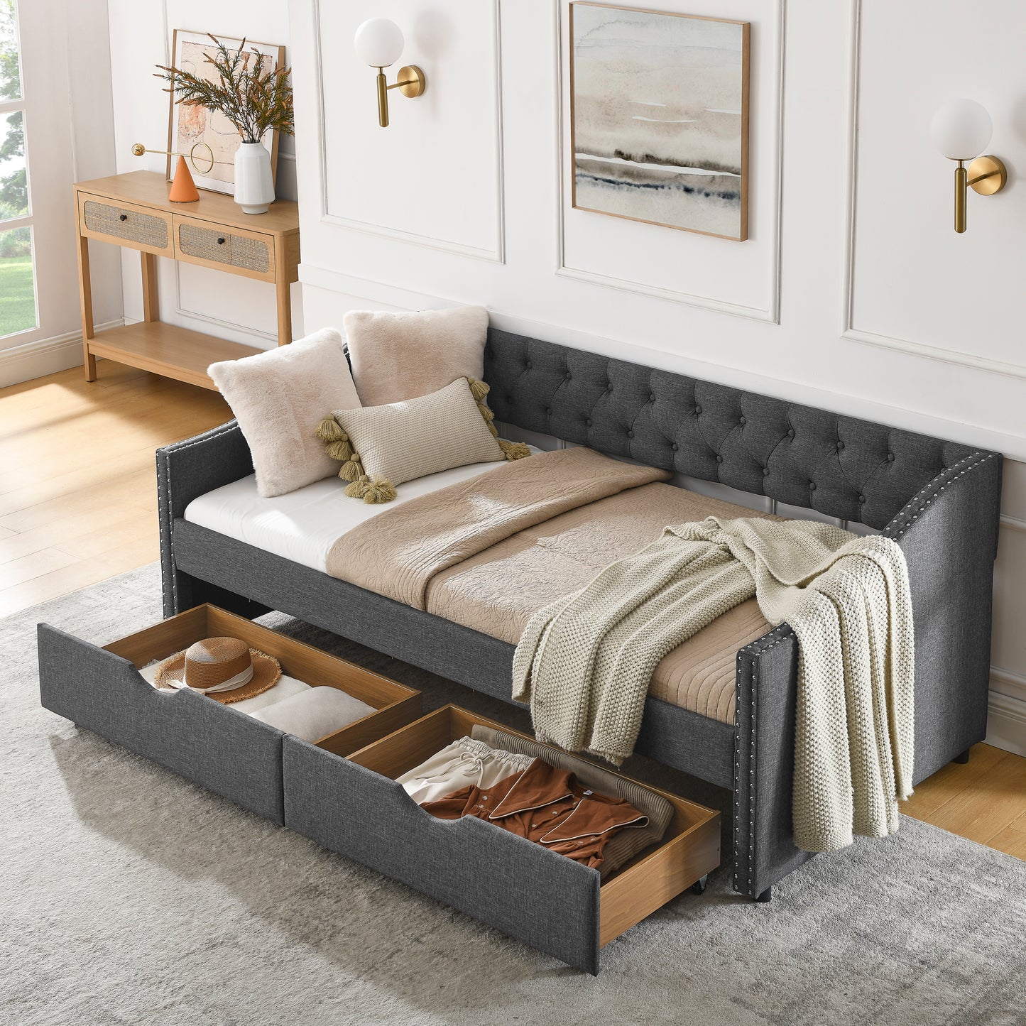 Twin Size Daybed with Drawers Upholstered Tufted Sofa Bed, with Button on Back and Copper Nail on Waved Shape Arms(81.5''x4''x30.5'') image 2