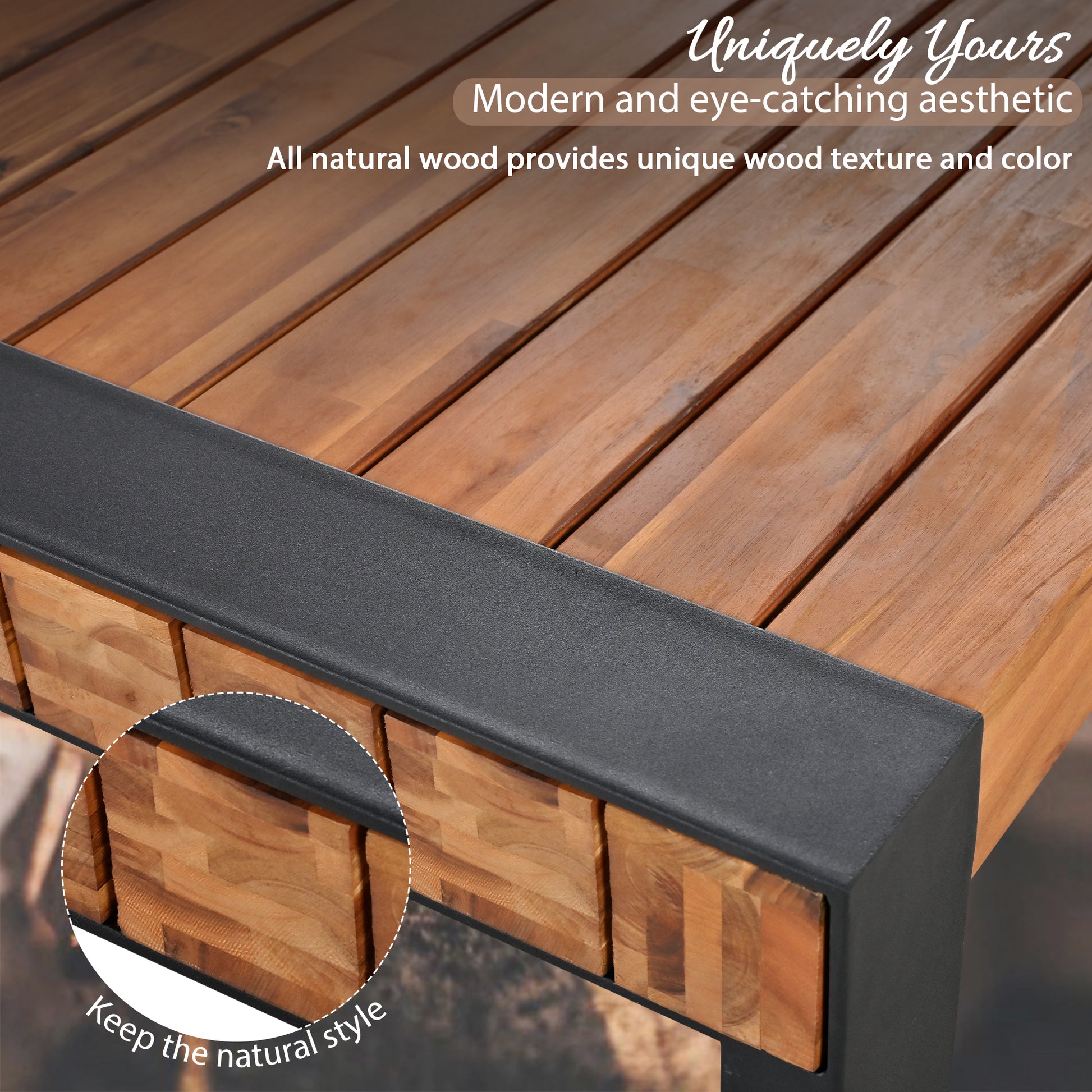 <Old SKU: FG201232AAA> GO 3-pieces Outdoor Dining Table With 2 Benches, Patio Dining Set With Unique Top Texture, Acacia Wood Top & Steel Frame, All Weather Use, For Outdoor & Indoor, Natural image 5