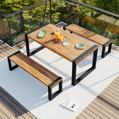 <Old SKU: FG201232AAA> GO 3-pieces Outdoor Dining Table With 2 Benches, Patio Dining Set With Unique Top Texture, Acacia Wood Top & Steel Frame, All Weather Use, For Outdoor & Indoor, Natural image 2