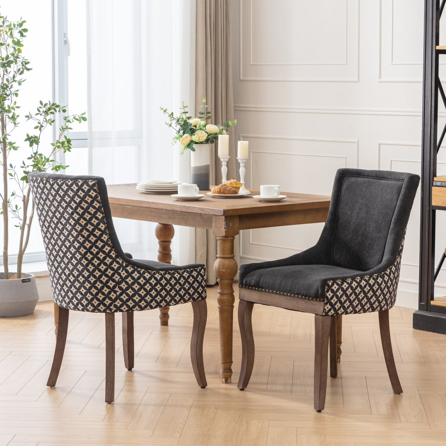 A&A Furniture, Ultra Side Dining Chair, Thickened fabric chairs with neutrally toned solid wood legs, Bronze nail head, Set of 2, Blue image 1