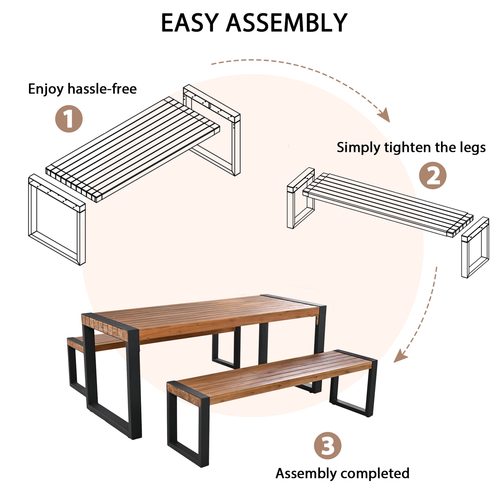 <Old SKU: FG201232AAA> GO 3-pieces Outdoor Dining Table With 2 Benches, Patio Dining Set With Unique Top Texture, Acacia Wood Top & Steel Frame, All Weather Use, For Outdoor & Indoor, Natural image 4
