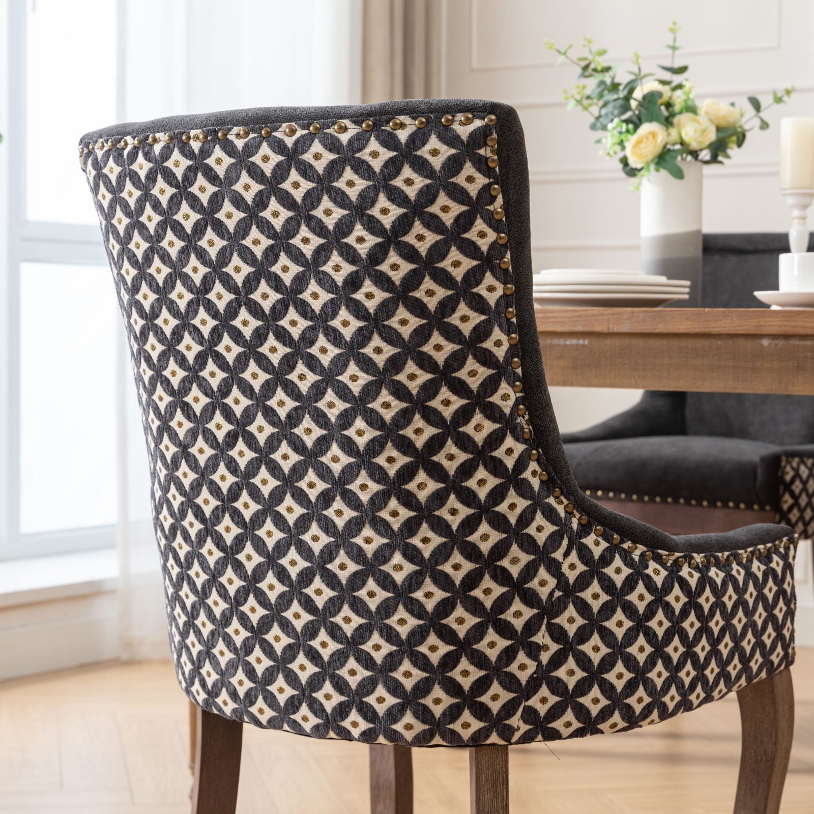 A&A Furniture, Ultra Side Dining Chair, Thickened fabric chairs with neutrally toned solid wood legs, Bronze nail head, Set of 2, Blue image 11