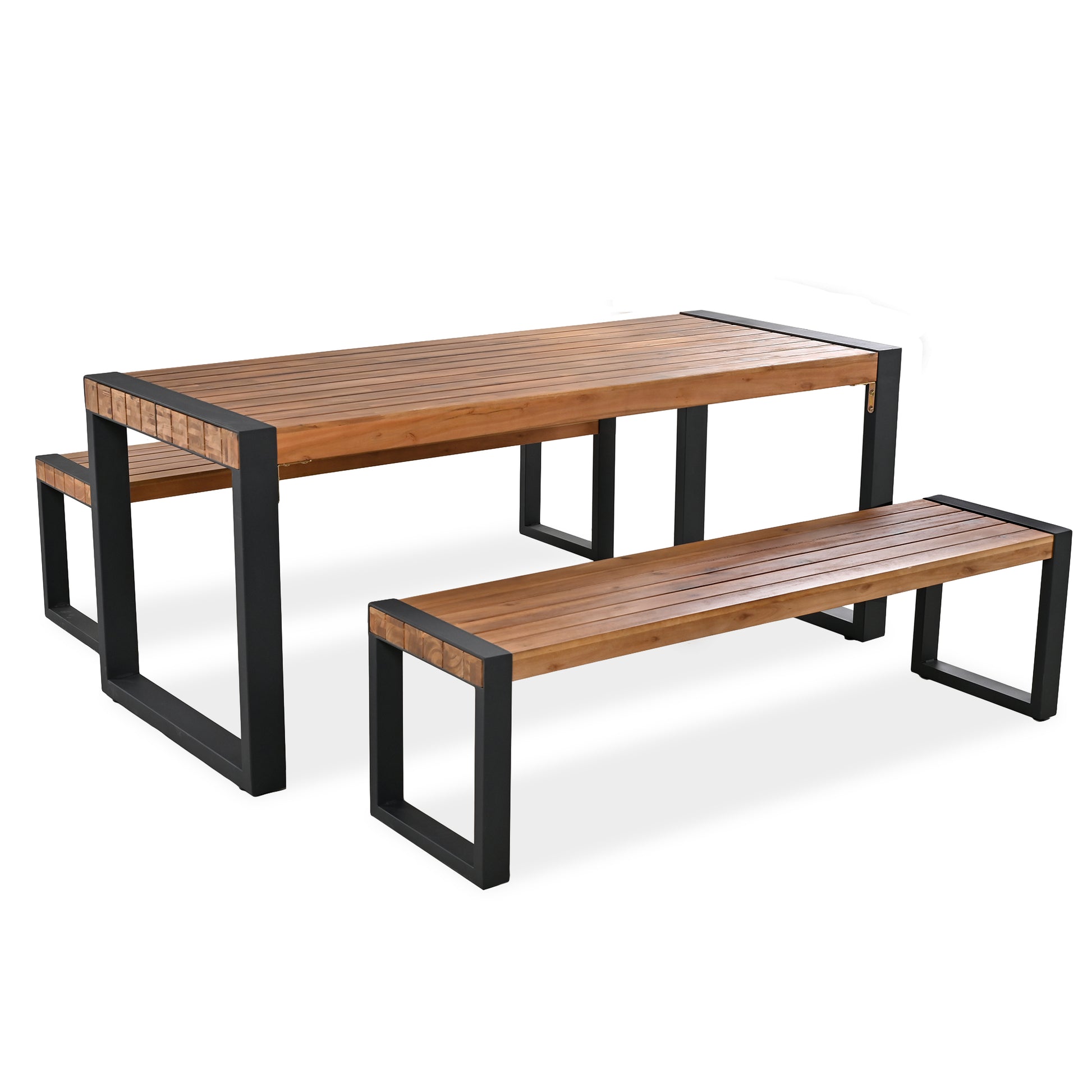 <Old SKU: FG201232AAA> GO 3-pieces Outdoor Dining Table With 2 Benches, Patio Dining Set With Unique Top Texture, Acacia Wood Top & Steel Frame, All Weather Use, For Outdoor & Indoor, Natural image 12