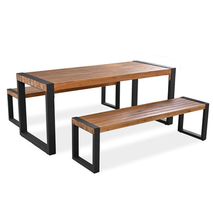 <Old SKU: FG201232AAA> GO 3-pieces Outdoor Dining Table With 2 Benches, Patio Dining Set With Unique Top Texture, Acacia Wood Top & Steel Frame, All Weather Use, For Outdoor & Indoor, Natural image 12