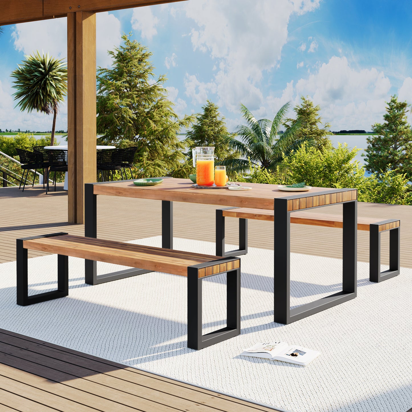 <Old SKU: FG201232AAA> GO 3-pieces Outdoor Dining Table With 2 Benches, Patio Dining Set With Unique Top Texture, Acacia Wood Top & Steel Frame, All Weather Use, For Outdoor & Indoor, Natural image 1