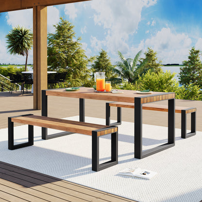 <Old SKU: FG201232AAA> GO 3-pieces Outdoor Dining Table With 2 Benches, Patio Dining Set With Unique Top Texture, Acacia Wood Top & Steel Frame, All Weather Use, For Outdoor & Indoor, Natural image 1
