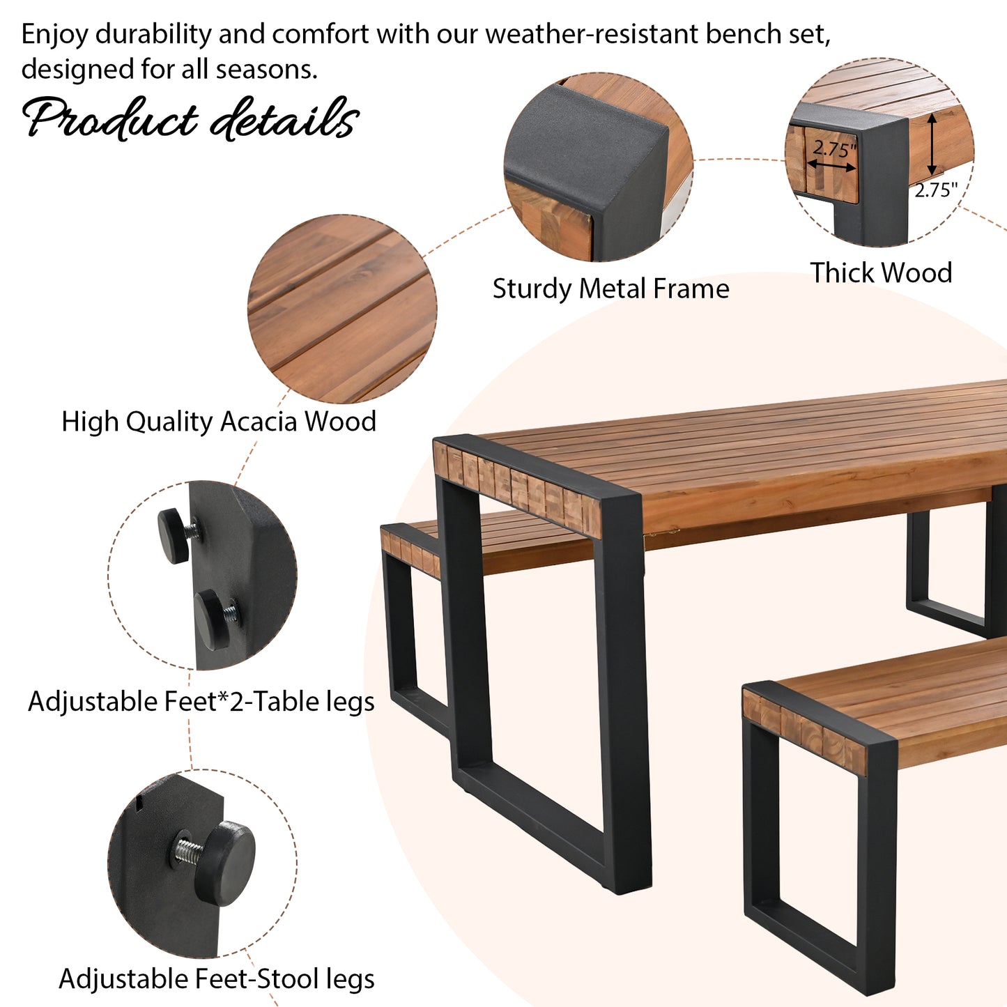<Old SKU: FG201232AAA> GO 3-pieces Outdoor Dining Table With 2 Benches, Patio Dining Set With Unique Top Texture, Acacia Wood Top & Steel Frame, All Weather Use, For Outdoor & Indoor, Natural image 3