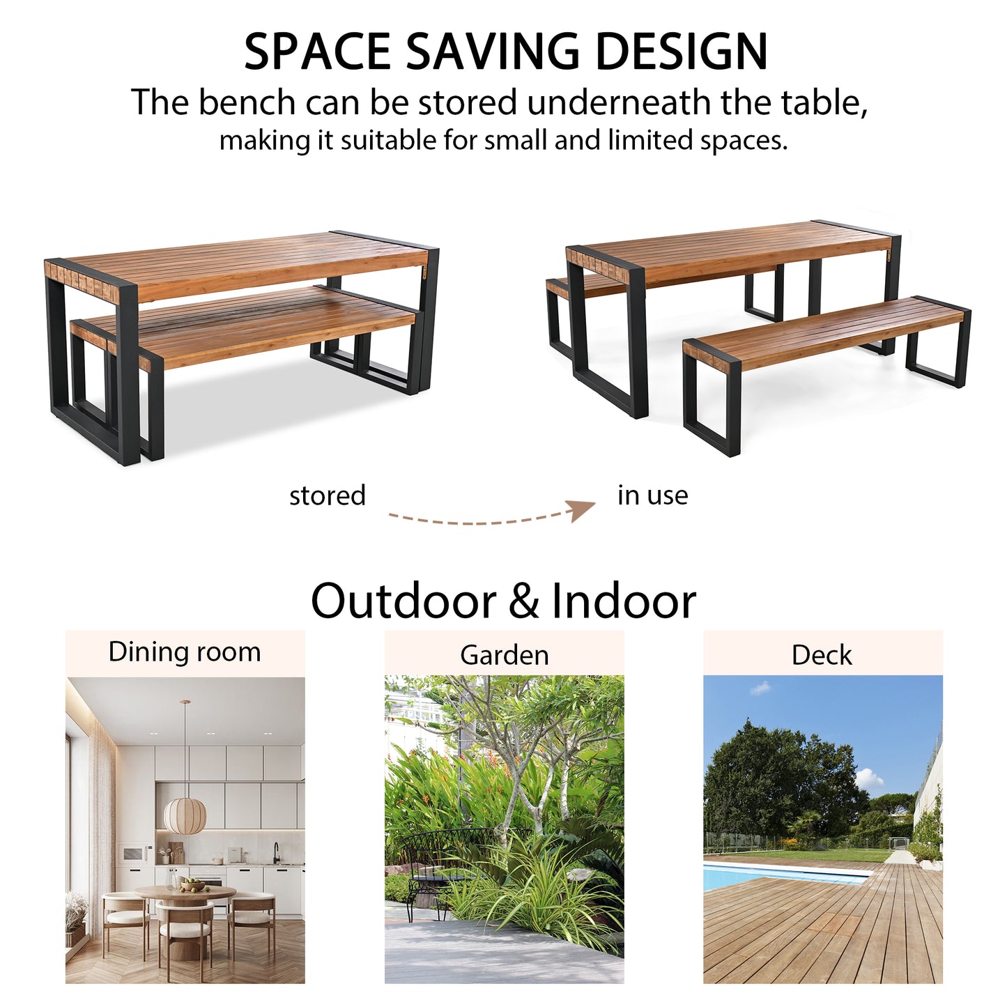 <Old SKU: FG201232AAA> GO 3-pieces Outdoor Dining Table With 2 Benches, Patio Dining Set With Unique Top Texture, Acacia Wood Top & Steel Frame, All Weather Use, For Outdoor & Indoor, Natural image 6