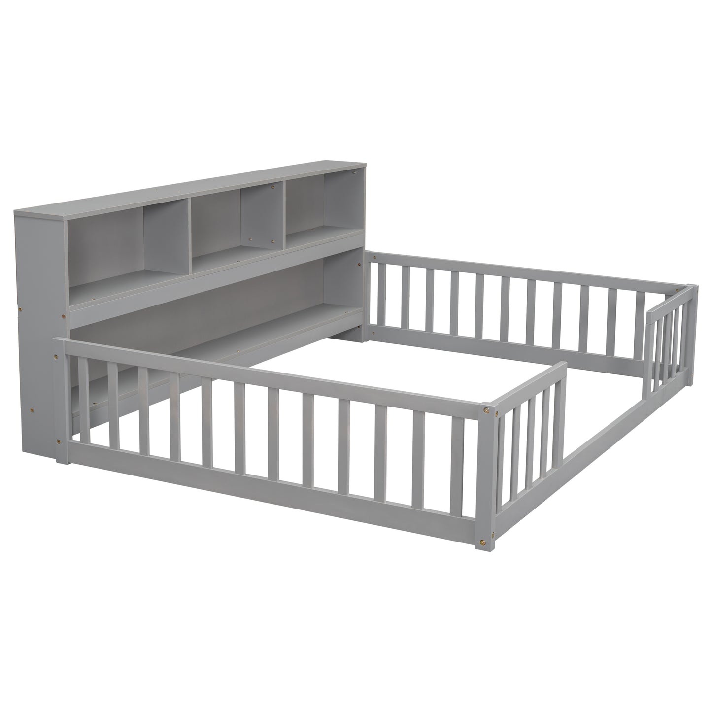 Full Floor Bed with Side Bookcase,Shelves,Guardrails,Grey image 9