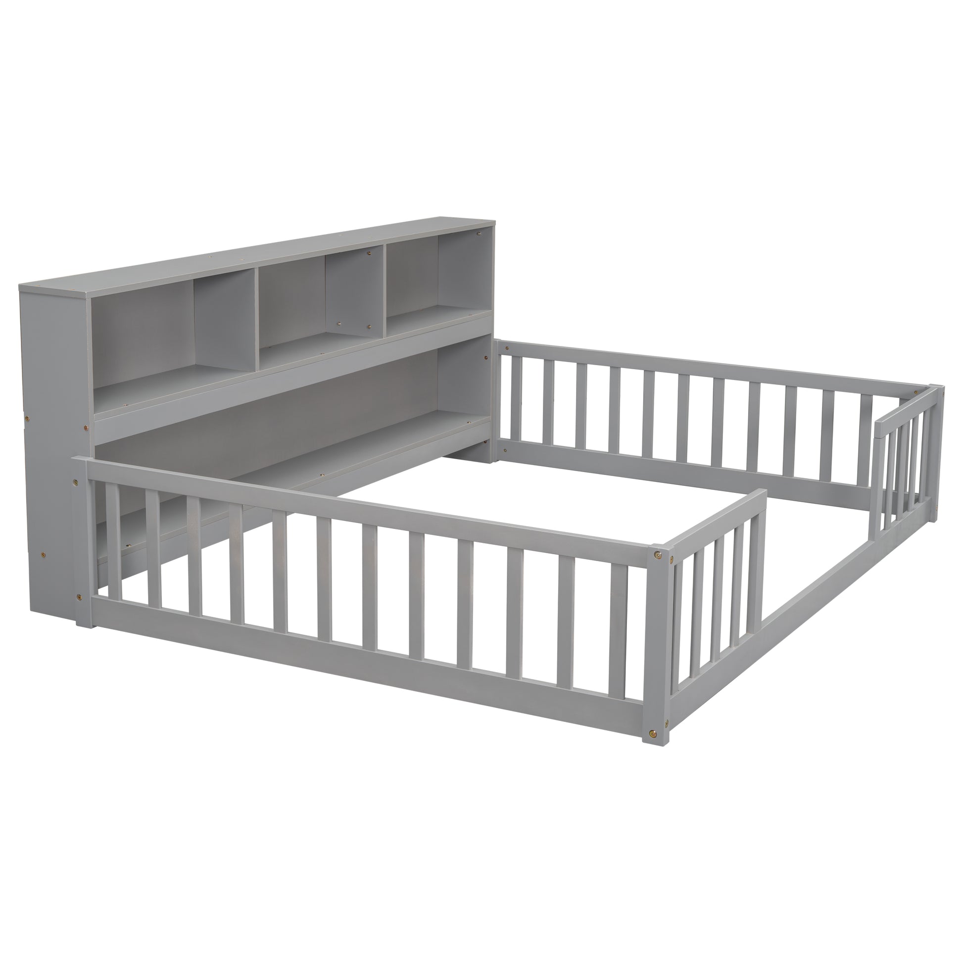 Full Floor Bed with Side Bookcase,Shelves,Guardrails,Grey image 9