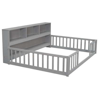 Full Floor Bed with Side Bookcase,Shelves,Guardrails,Grey image 9