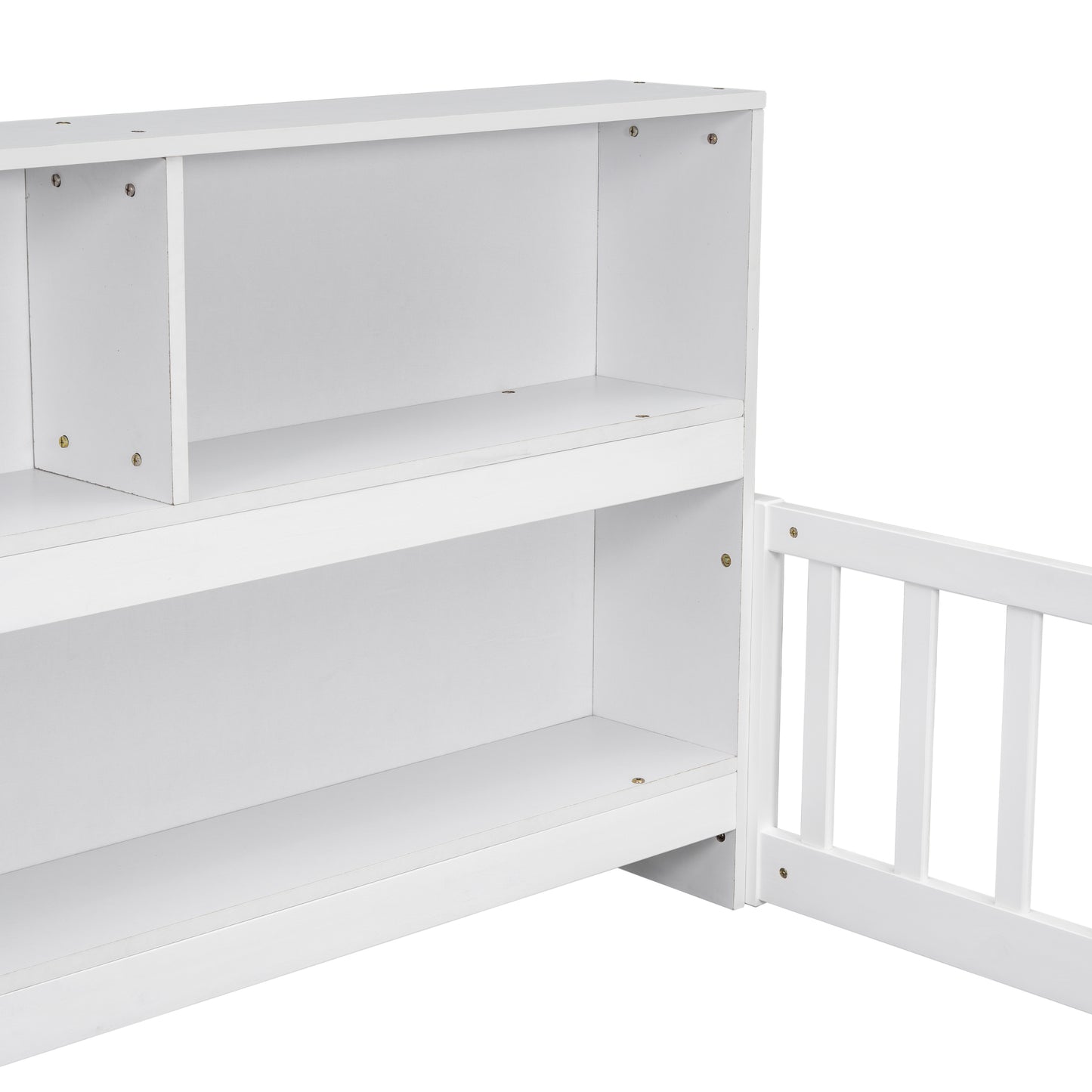 Full Floor Bed with Side Bookcase,Shelves,Guardrails,White image 7