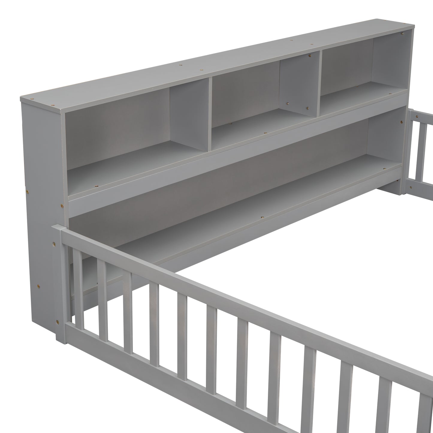 Full Floor Bed with Side Bookcase,Shelves,Guardrails,Grey image 5