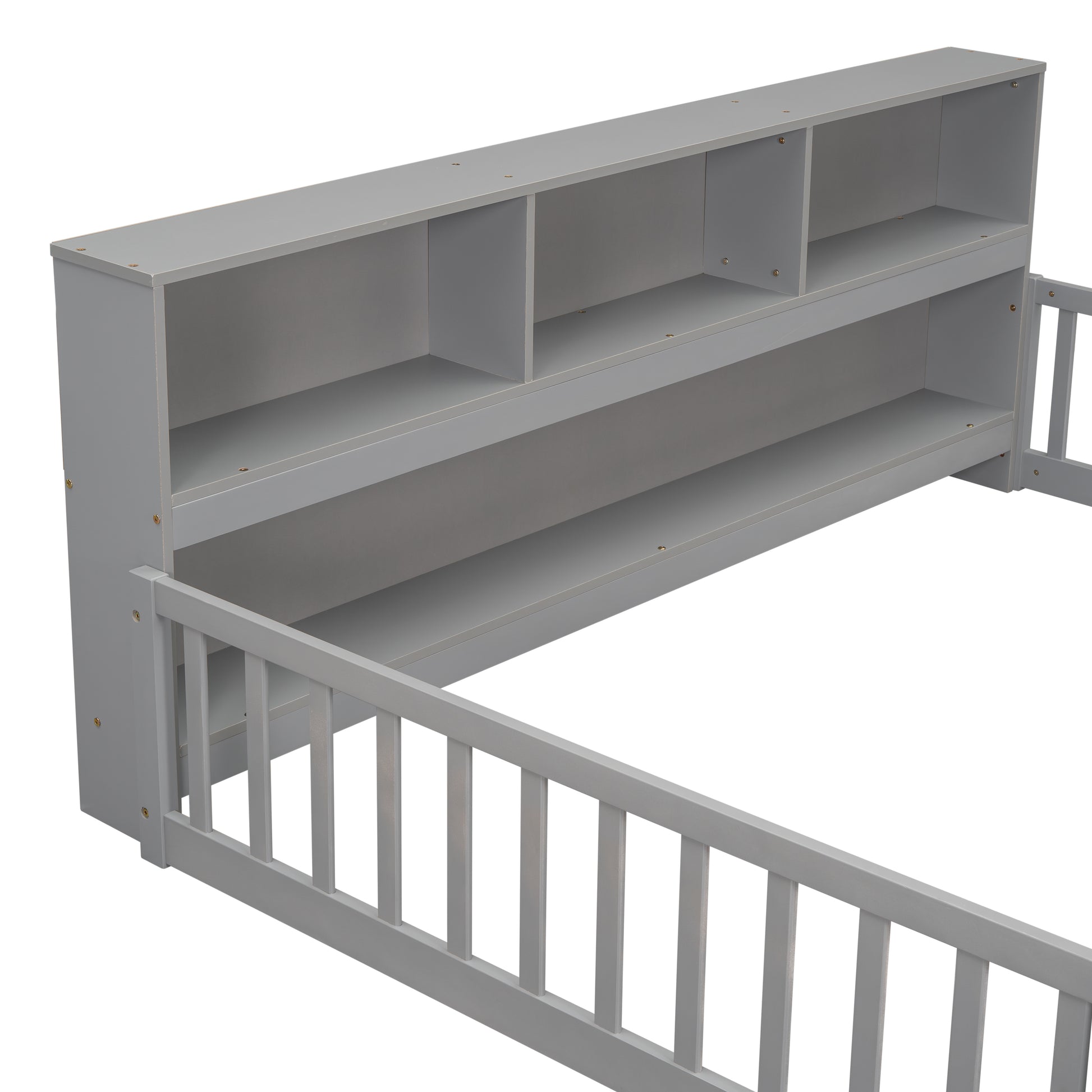 Full Floor Bed with Side Bookcase,Shelves,Guardrails,Grey image 5